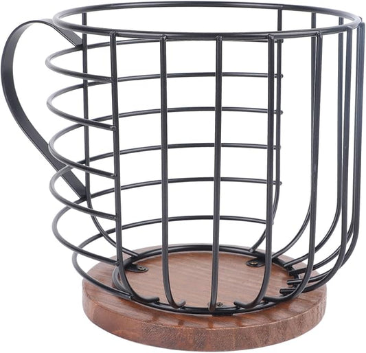 Coffee Pod Holder, K Cup Holder Coffee Pod Organizer Coffee Creamer Container Large Capacity Black Wire K Cup Storage with Wooden Base Modern Coffee Basket for Home