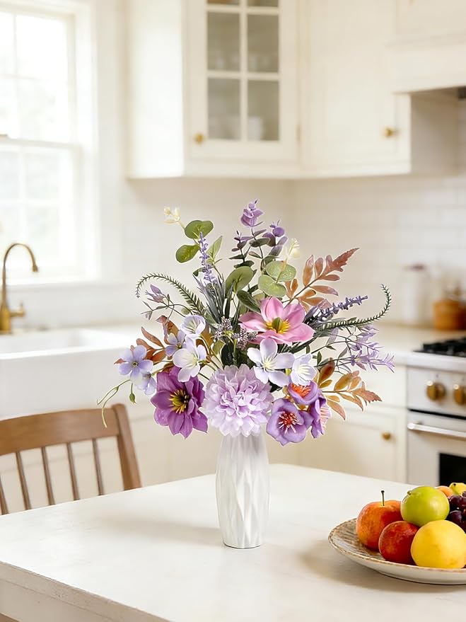 Small 11.8" Artificial Flowers in Ceramic Vase - Purple Silk Flower Centerpiece for Dining Table, Office, Wedding & Farmhouse, Home Decor Gifts