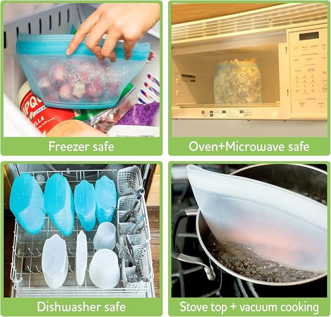 Zip Standing Reusable Silicone Food Storage Bag, Stand Up Food Storage Container, Reusable Zipper seal bag, no lid required, for Food Storage& Meal Prep, Freezer Oven Dishwasher - Safe, Set of 6 Bowls