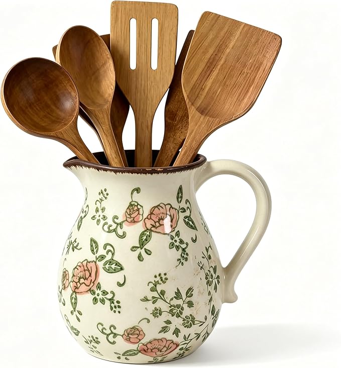 Ceramic Utensil Holder for Kitchen Counter, 6.1" Rustic Farmhouse Cooking Utensil Holder with Handle, Exquisite Chinoiserie Vintage Kitchen Utensil Organizer for Countertop Decor(Red flower)