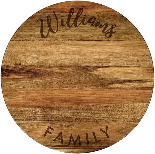 Engraved Family Name Script Personalized Lazy Susan, 16" Rotating Tray Brown
