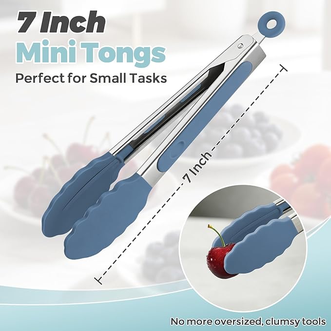 Small Cooking Tongs 7 inch Mini Serving Tongs with Silicone Tips, Set of 3 (Dark Blue + Dark Green + Cream)