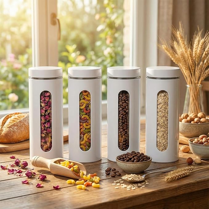 Mimorou 6 Pack Kitchen Canisters Set Airtight Coffee Sugar Tea Storage Jars with Window Glass Stainless Steel Containers with Lids for Flour Cookies Spices Grains Kitchen Decorations(White,60 oz)