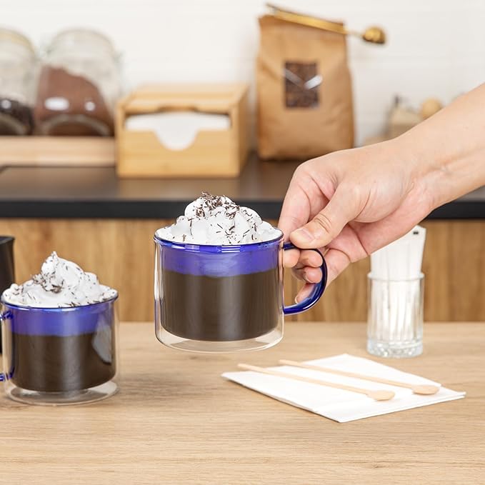 Restaurantware Coffee Cups 2 Pack of 11 oz Double Wall Glass Insulated Coffee Cup Borosilicate Mug Thermal Shock Resistant Handle Modern Design