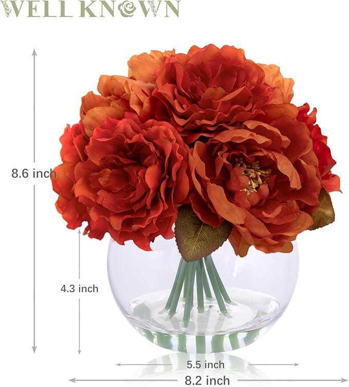 Artificial Flowers in Vase, Silk Peonies Flowers with Faux Water, Burnt Orange Fake Flower Arrangement for Summer Autumn Home Wedding Birthday Party Dining Table Centerpieces Decor & Mom's Gift