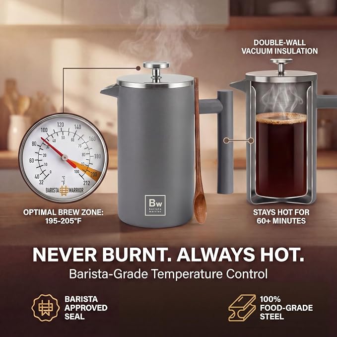 Barista Warrior French Press Coffee Maker - Double-Wall Stainless Steel Insulated French Press with Built-In Thermometer, Dual Filters Coffee Maker with Wooden Spoon - Grey