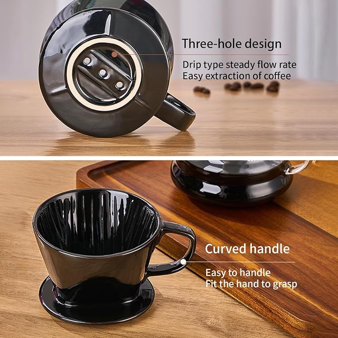 Pour Over Coffee Maker, Single Cup Coffee Dripper, Manual Porcelain Slow Brewing Accessories for Travel, Camping, Office, Home, Cafe, Coffee Gifts (Black, Medium)