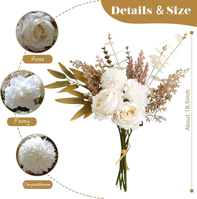 Artificial Flowers Bouquet - Faux Silk Flowers Centerpiece, Realistic Fake Flowers Plants for Home Decor Dining Table, Indoor Vase, Wedding Bouquet Arrangements (White)