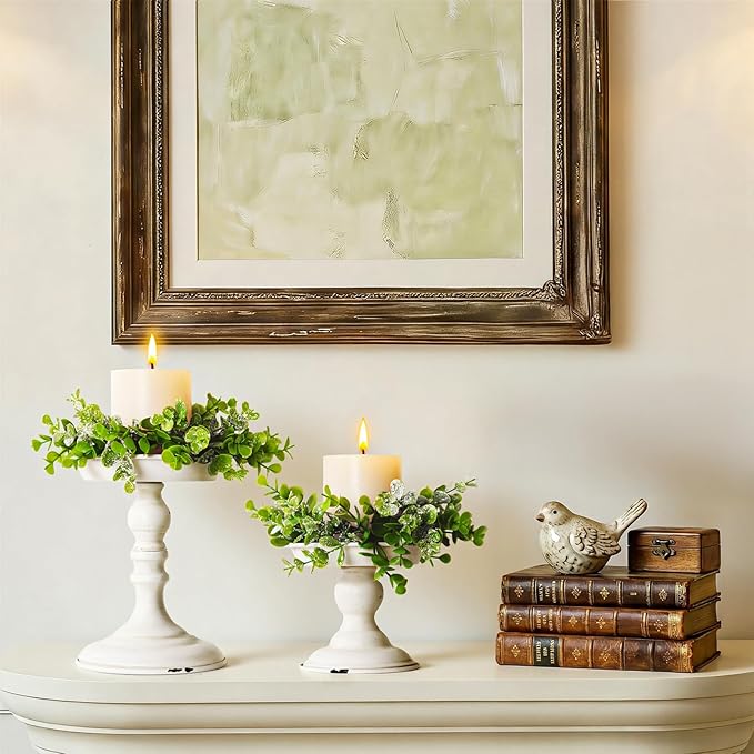 Rustic Iron Pillar Candle Holder: White Farmhouse Candle Holder with Greenery Wreaths Set of 2, Elegant Large Candle sticksholder Decor for Wedding, Coffee Table Centerpieces, Living Room, Home Decor