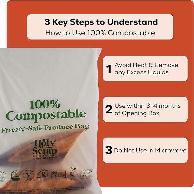 100% Compostable Produce Freezer Bags 3 Gallon Size - 100 Pack - Freezer Safe Bag for Food Storage, Eco Friendly, Plant Based Recyling Kitchen Storage Bags - BPI Certified, OK Compost Home