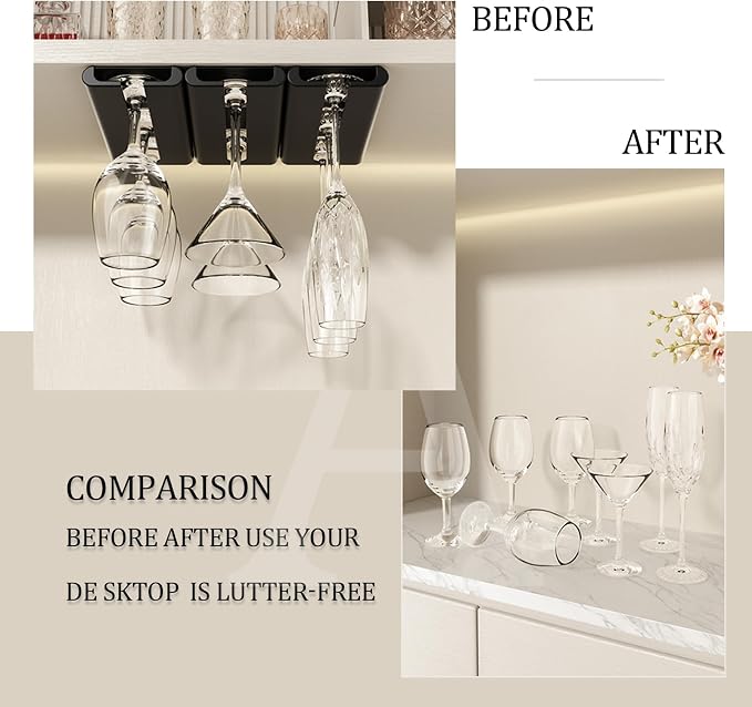 Wine Glass holder, 4Pack Wine Glass Rack, Punch-free Wine Glass Holder Under Cabinet, Stemware Rack for Kitchen and Bar (Black)