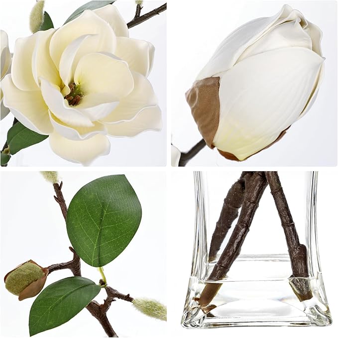 Briful Artificial Magnolia Flower Arrangement with Glass Vase, 18.5in White Faux Magnolia Flowers Fake Floral Centerpiece for Eleglant Home Office Room Table Shelf Décor