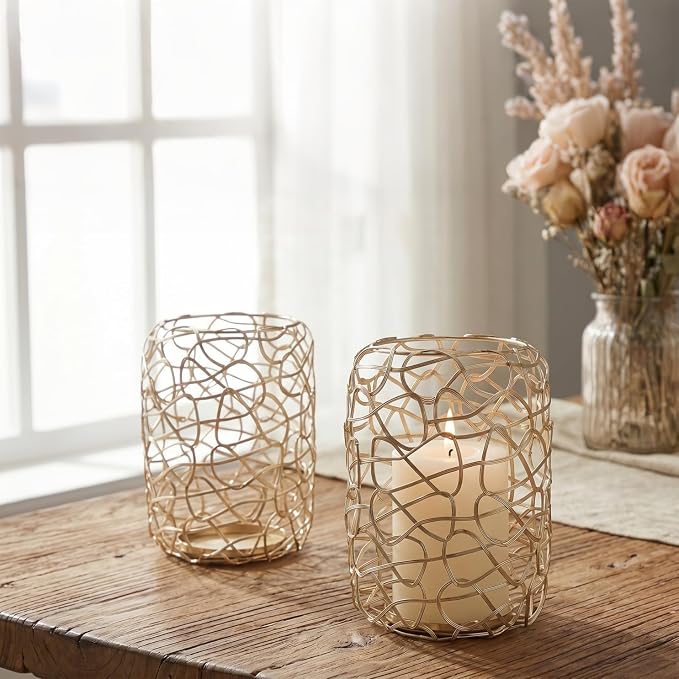 Nest Decorative Lanterns for 3'' Pillar Candles, Gold Candle Holders Set of 2, Rustic Candleholder Stand for Fireplace Mantel Decor & Table Centerpieces for Christmas, Thanksgiving