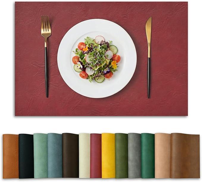 Artoid Mode Red Faux Leather Placemats Set of 6, 12x18 Inch Waterproof Wipeable Heat Resistant Vinyl Place Mats, Reversible Table Mats for Christmas Kitchen Dining Decor