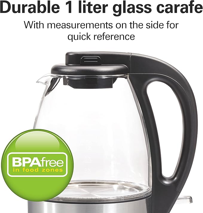 Hamilton Beach Electric Tea Kettle, Water Boiler & Heater, 1 Liter, 1500 Watts for Fast Boiling, BPA Free, Cordless Serving, Auto-Shutoff & Boil-Dry Protection, Blue LED, Glass (40930)