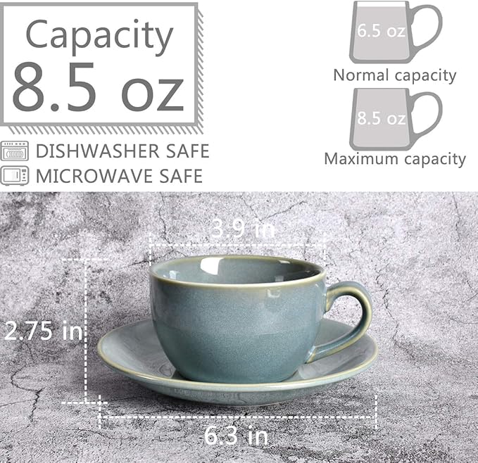 Bosmarlin Ceramic Coffee Cup Mug with Saucer Set of 2 for Latte, Cappuccino, Tea, 8.5 Oz, Dishwasher and Microwave Safe(Sage Green, 2)