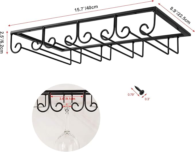 MOCOUM Under Cabinet Stemware Hanger, Glass Holder Storage Hanger for Cabinet Kitchen Bar (Black, 4 Rows 2 Pack)
