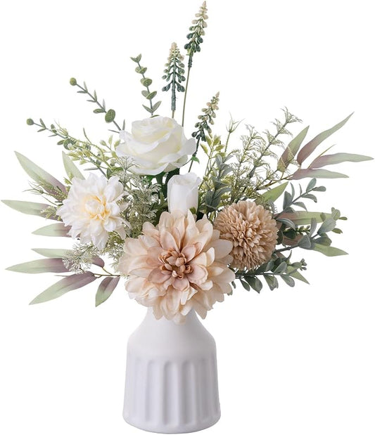 Fake Flowers in Vase, Artificial Flowers with Vase, 15.7'' Floral Arrangements for Dining Table Centerpiece Decor, Silk Roses & Faux Dahlia Bouquet for Farmfouse Kitchen Coffee Table Decor (Brown)