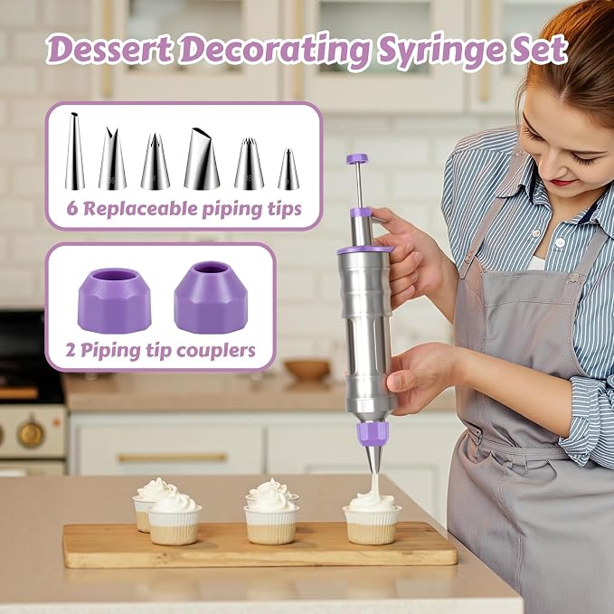 Dessert Decorating Syringe Set, Stainless Steel Frosting & Icing Piping Kit with 6 Tips and 9 Silicone Cupcakes,3 Cream Scraper for Cake Decorating Tools Cupcake Decorating Kit (Purple)