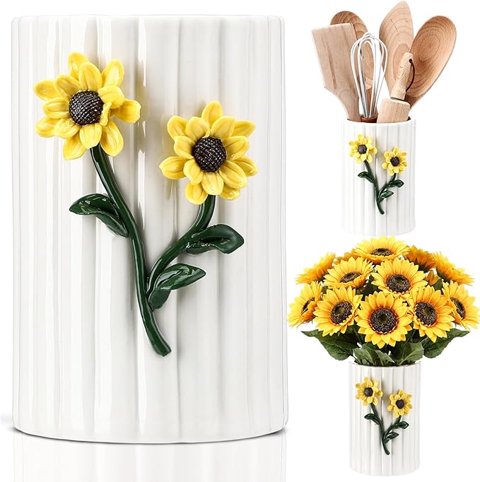 LemonRoad Ceramic Utensil Holder - 3D Sunflower Kitchen Decor, Countertop Cooking Tool Storage Crock for Spatulas, Whisks, Vase Decor Pen Holder Graduation Gift for College Students Storage Caddy