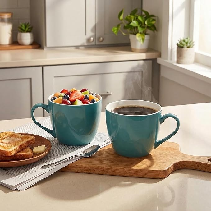 MECOWON 30 OZ Porcelain Coffee Mugs, Set of 2 Large Mugs for Soup, Cereal and Salad (Teal (bluish - green))