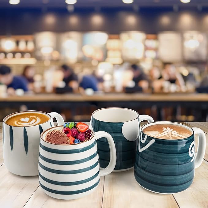 DEAYOU Set of 4 Porcelain Coffee Mugs, 17 Oz Ceramic Coffee Cups with Handles, Large Hand-Painted Tea Cups for Cappucino, Milk, Latte, Cocoa, Hot or Cold Drinks, Microwave & Dishwasher Safe