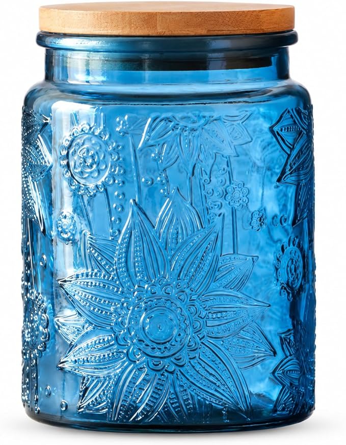 ANSQU Blue Glass Canister with Lid, 23.7 oz Vintage Embossed Glass Jar, Airtight Food Storage Container for Coffee Beans, Tea, Sugar, Candy, Cookies, Decorative Kitchen Pantry Organizer