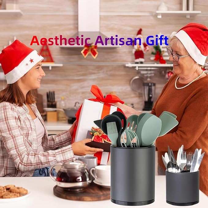 LIBODOUR Kitchen Utensil Holder Extra Large Rotating For Counter Organizer Stainless Steel Storage Cooking Silverware Caddy 3 Compartment Flatware Spoon Spatula Tool Cutlery Container（2 Set Grey）