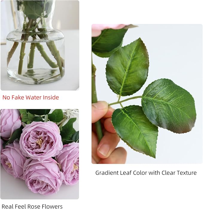 Fake Austin Rose Peonies Flowers with Vase, Clear Glass Vase with Purple Real Touch Peonies Artificial Flowers,Faux Flower Arrangements for Dining Table Centerpiece Decor