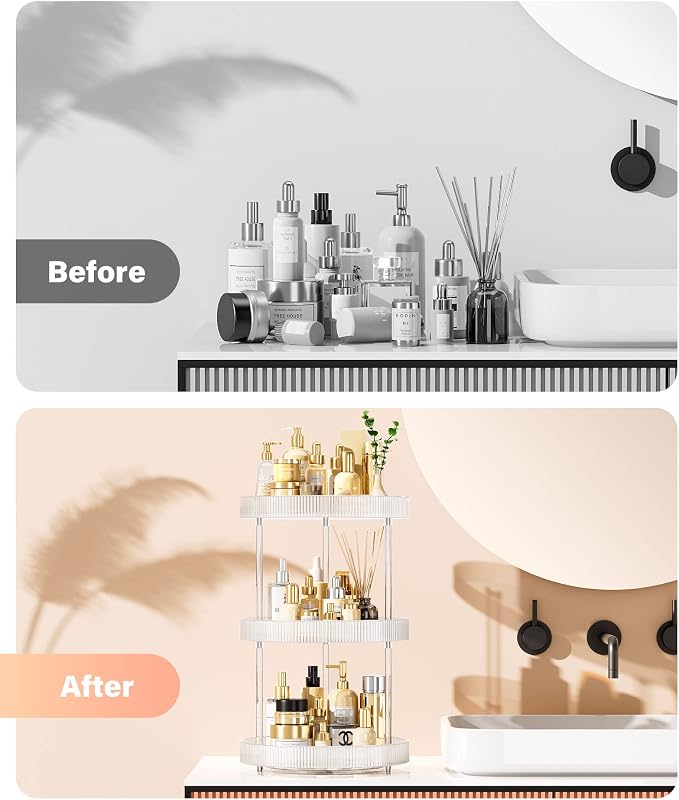 3-Tier Lazy Susan Bathroom Countertop Organizer, 360° Clear Rotating Storage Tray, Cosmetics and Perfume Organizer, Spinning Storage Tray Vanity Organizer Shelf for Bathroom Cabinet, Kitchen(Medium)