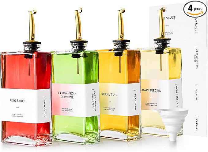 sweet grain Olive Oil Dispenser Bottle for Kitchen(4 Pack) - 17oz/500ml Oil And Vinegar Dispenser with 36 Labels and Silicone Funnel, Glass Soy Sauce Dispenser - Gold