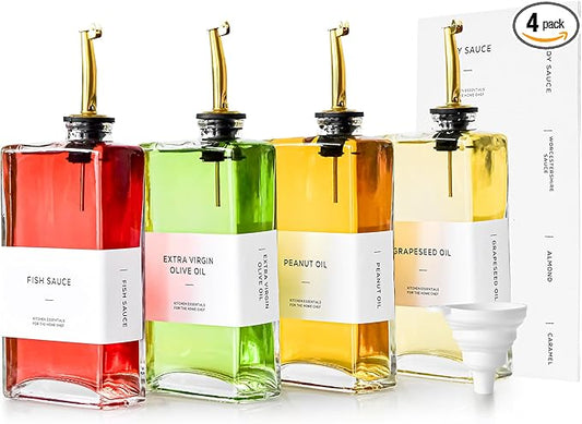 sweet grain Olive Oil Dispenser Bottle for Kitchen(4 Pack) - 17oz/500ml Oil And Vinegar Dispenser with 36 Labels and Silicone Funnel, Glass Soy Sauce Dispenser - Gold