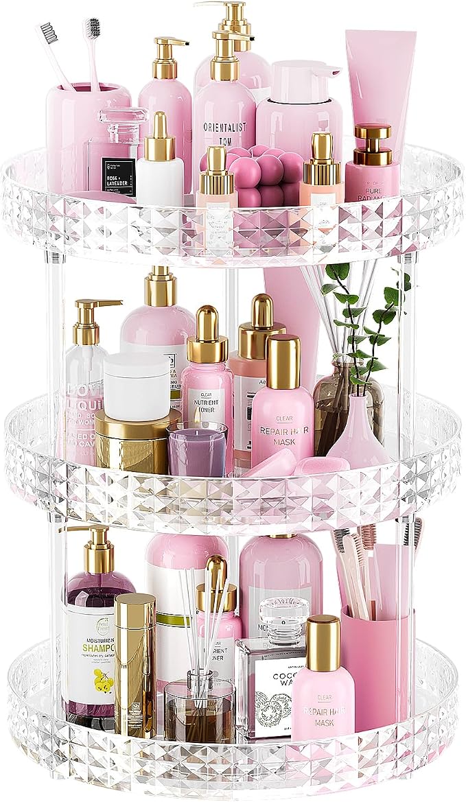 3Tier Diamond Lazy Susan Bathroom Countertop Organizer, 360° Clear Rotating Makeup Cosmetic Perfume Storage Tray, Spinning Vanity Organizer Shelf for Bathroom Cabinet, Dresser, Kitchen(Large)
