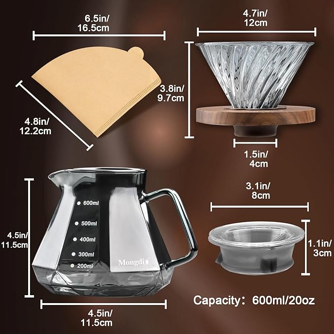 Mongdio Pour Over Coffee Maker, 20 oz High-Heat Borosilicate Glass Coffee Maker with 100pcs Paper Filters, Walnut Handle & Glass Lid, Drip Coffee Maker Set for Home Café Restaurant - 600ml, Gray