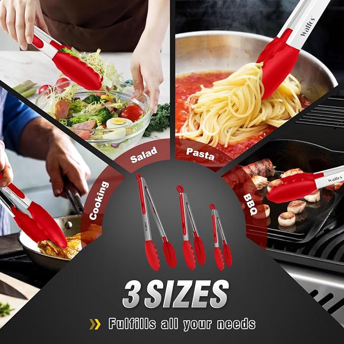 Walfos Kitchen Tongs - 7" 9" and 12" Heat Resistant Cooking Tongs, Stainless Steel and BPA Free Silicone Tips, Great for Cooking, Salad, Grilling, Turning, Dishwasher safe,set of 3