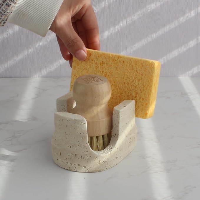 Natust 2-in-1 Travertine Sponge Holder for Kitchen Sink - Heavy Duty Natural Stone Sink Caddy, 2-Slot Scrubber Organizer for Scrub Daddy, Soap Tray with Anti-Slip Pads, Housewarming Gift, Beige
