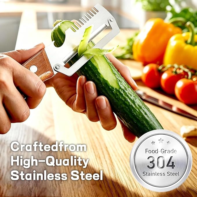 Vegetable Peeler, 3 in 1 Stainless Steel Wide Blade Peeler with Wooden Handle, Multifunctional Kitchen Peeler with Scallion Shredder and Bottle Opener for Potato Carrot Fruit Cucumber, 1 Pack