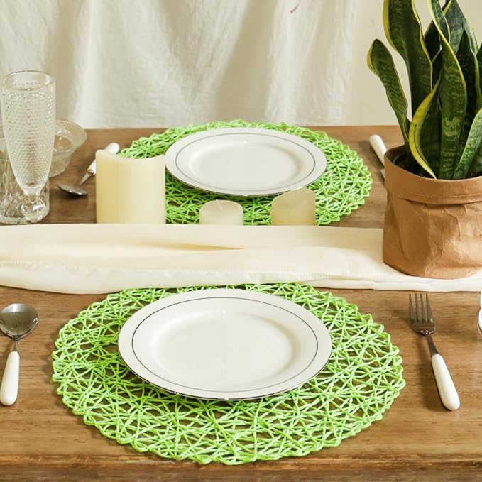 AHHFSMEI Paper Braided Round Placemats Set of 12 Natural Non-Slip Heat Resistant Table Mats for Dining Tables Woven Indoor Outdoor Place mats(Light Green,12)