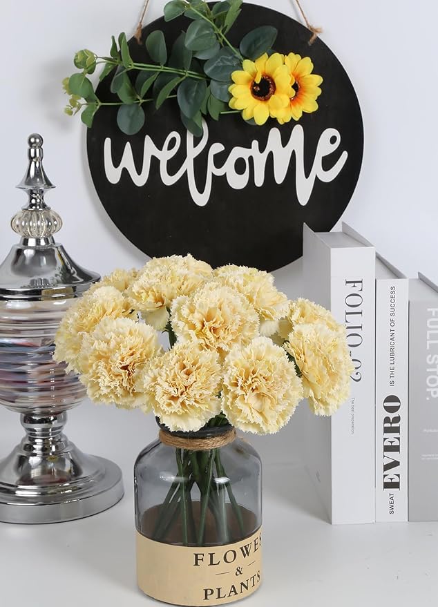 Artificial Carnation Flowers - 15pcs Fake Yellow Silk Flowers with Stems for Home Decor, Wedding, Bridal Bouquet, Anniversary, Birthday Floral Arrangements