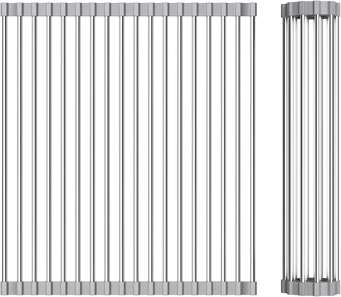 Foldable Over Sink Dish Drying Rack - Stainless Steel Sink Drain Rack with Silicone Edges, Roll-Up Storage for Kitchen, RV, Dorm Sinks (14.5×13.7in)