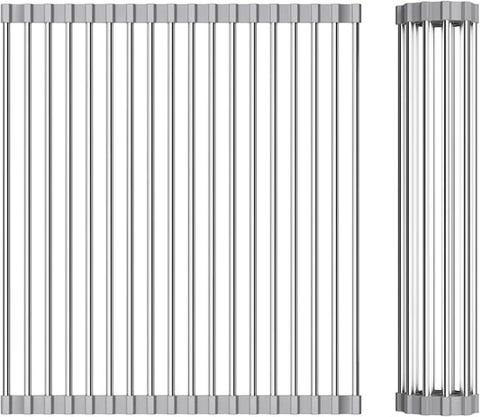 Foldable Over Sink Dish Drying Rack - Stainless Steel Sink Drain Rack with Silicone Edges, Roll-Up Storage for Kitchen, RV, Dorm Sinks (14.5×13.7in)