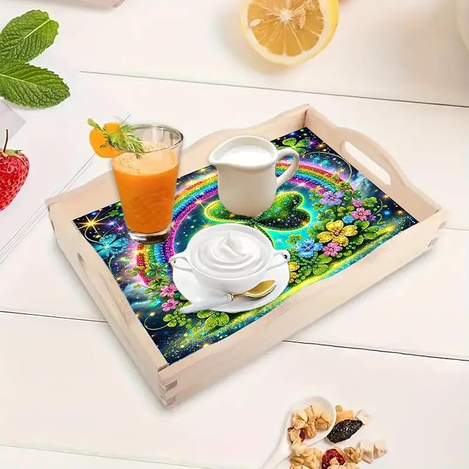 BAYUNOE DIY Diamond Serving Tray Rectangular Breakfast Tray with Handle Handmade Diamond Art Painting Wooden Tray Spring Creative Dinner Plate Coffee Room Living Home Organizer-Rainbow Clover