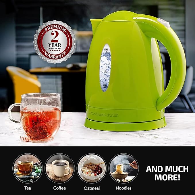 OVENTE Electric Kettle,1.7L Fast Boiling Water Heater for Coffee or Tea,BPA Free with Water Level Gauge,Auto Shut-Off,Boil-Dry Protection,Indicator Light and Removable Filter,Green KP72G,(Pack of 12)