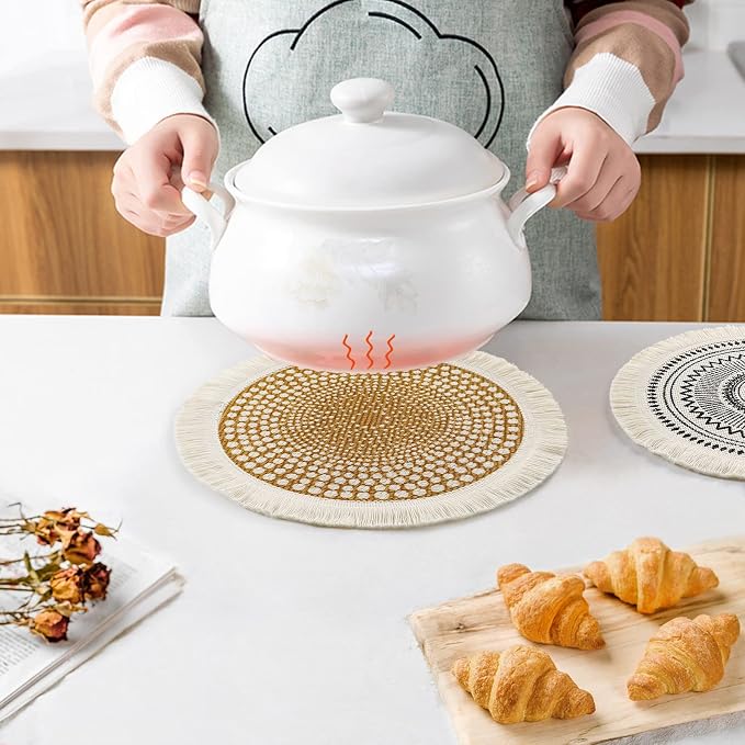 LOMOHOO Set of 6 Round Placemats 13 Inch Fall Table Mats Boho Cotton Woven Mandala Tassels Heat Proof Washable Circle Place Mat for Kitchen Dining Wedding Farmhouse Home Decoration