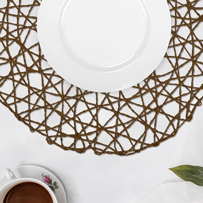 comfoyar Round Paper Braided Placemats Set of 12, 13 Inch Non-Slip Dark Brown Hand Woven Place Mats, Natural Table Mats for Indoor Outdoor Kitchen Dining Party Table Decoration