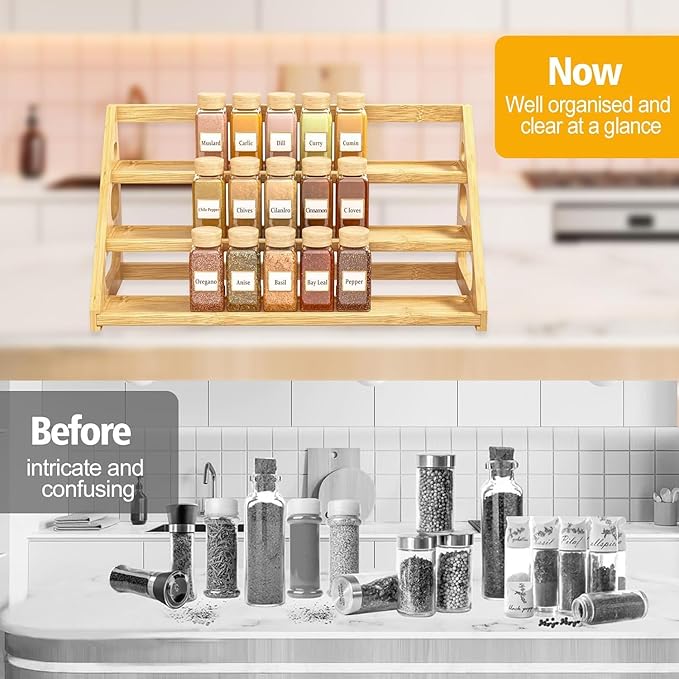 Spice Rack - Tiered Spice Rack Organization for Cabinet - 3 Tier Bamboo Display Spice Shelf for Countertop