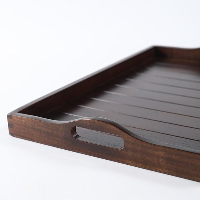 Large Acacia Wooden Serving Tray with Handles 20 x 14 inch Decorative Coffee Table Ottoman Tray for Living Room Extra Large for Kitchen Dinner Food Bar Breakfast in Bed (Dark Brown)