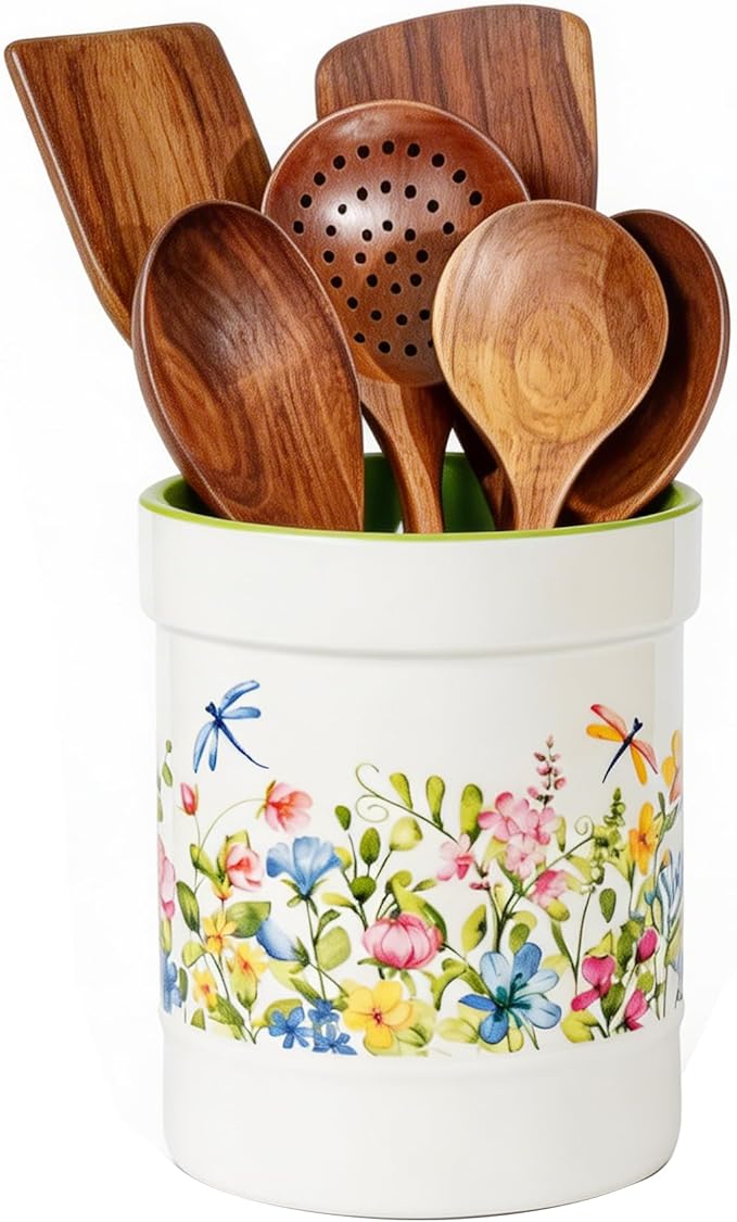 Kitchen Decor Utensil Holder,7in Ceramic Utensil Crocks for Countertop,Cocina Organizer for Cooking utensil caddy, White and Green Cottage Style