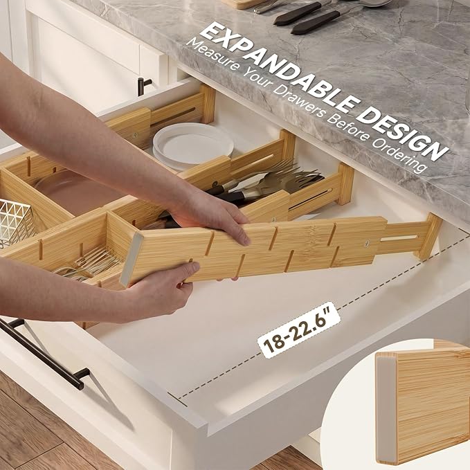 Bamboo Drawer Dividers, Expandable Kitchen Drawer Organizer, Include 4 Dividers, 4 Small Inserts and 4 Medium Inserts for Home, Office, Dressers