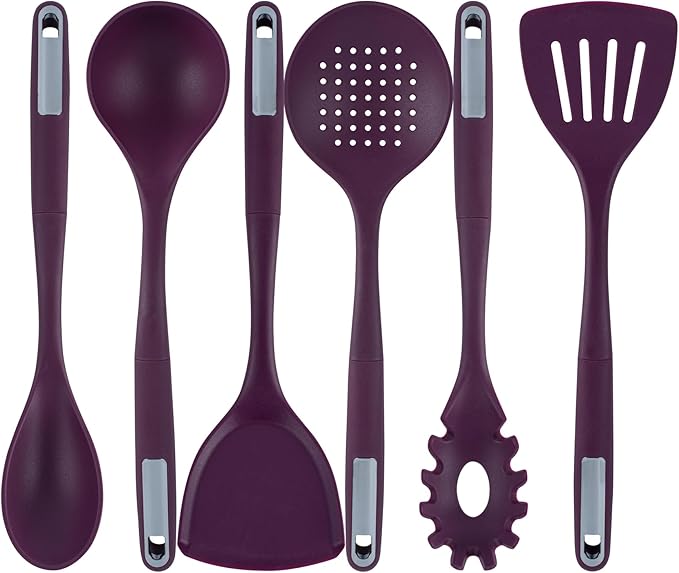 Restaurantware Silicone Utensil Set Pack of 1 Non-Slip Handle 6-Piece Kitchen Tool Set, Heat-Resistant Dishwasher-Friendly Cooking Accessories, Durable Purple Cooking Utensils